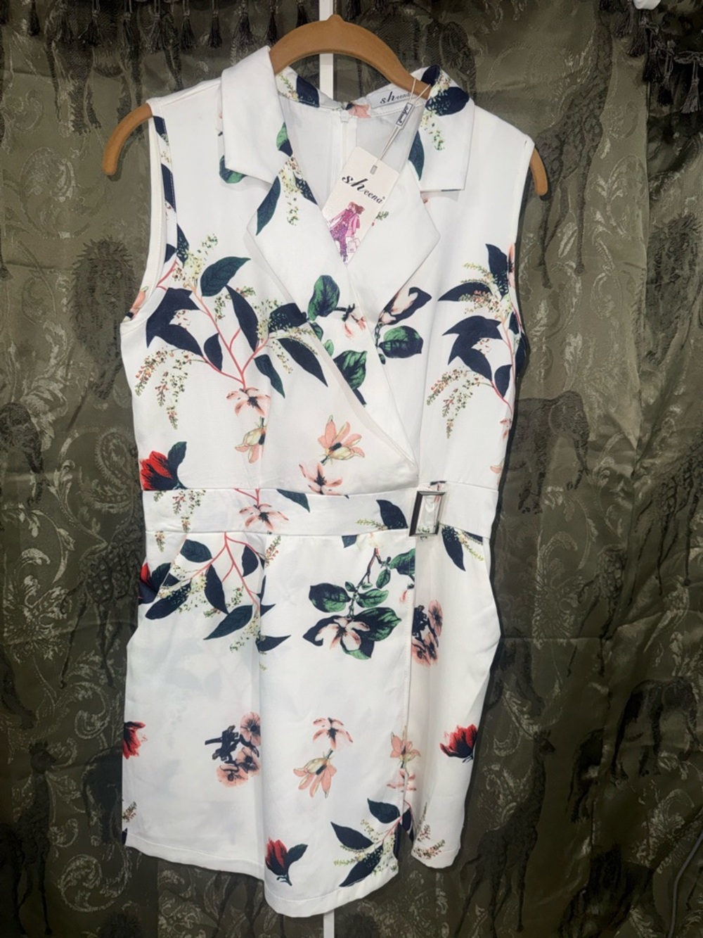 Sleeveless White Floral Wrap Skort with Belt